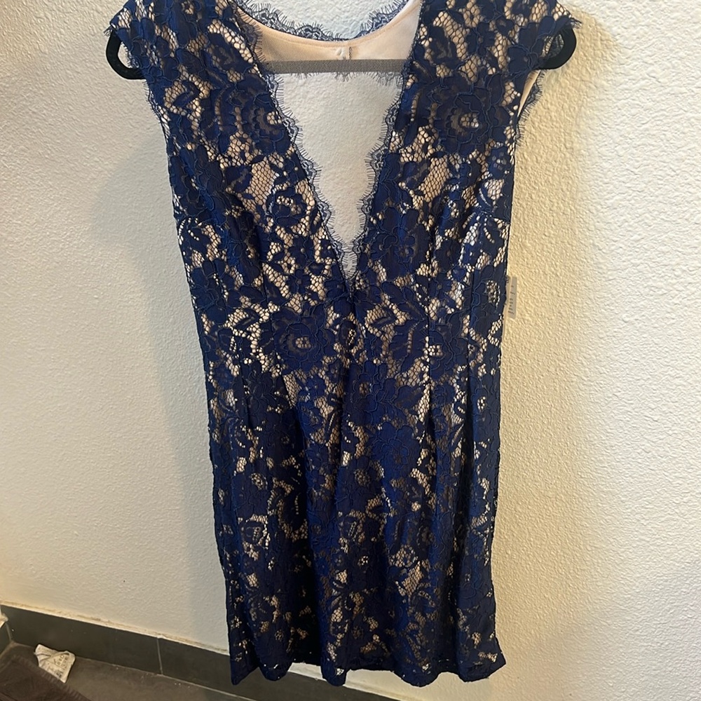 Low cut backless navy and nude cocktail dress